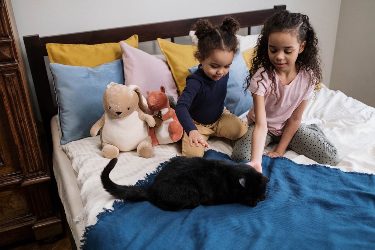 Kids on Bed with Black Cat