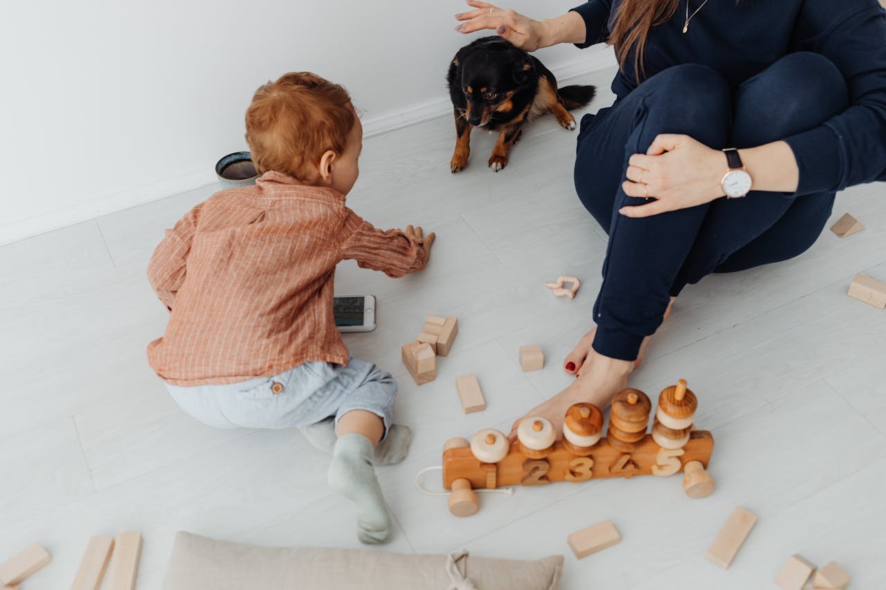 Photo of a Child Playing with a Black and Brown Dog